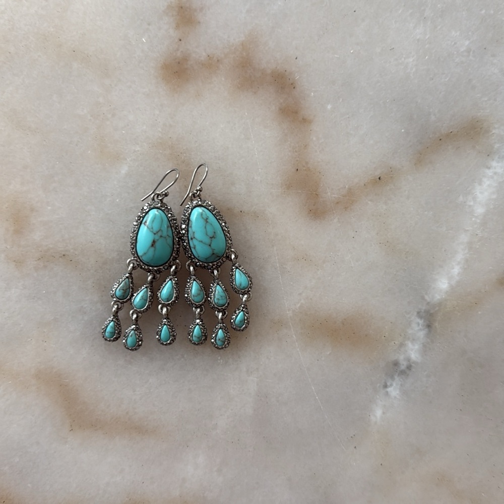 Lucky Brand Turquoise Crystals Rhinestone Earrings Silver Dangle Earrings - Picture 10 of 17